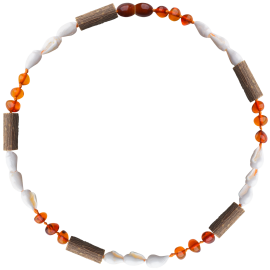 Baroque Cognac Teething Necklace with Shells and Hazelwood