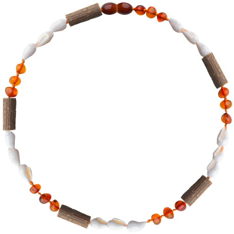 Baroque Cognac Teething Necklace with Shells and Hazelwood